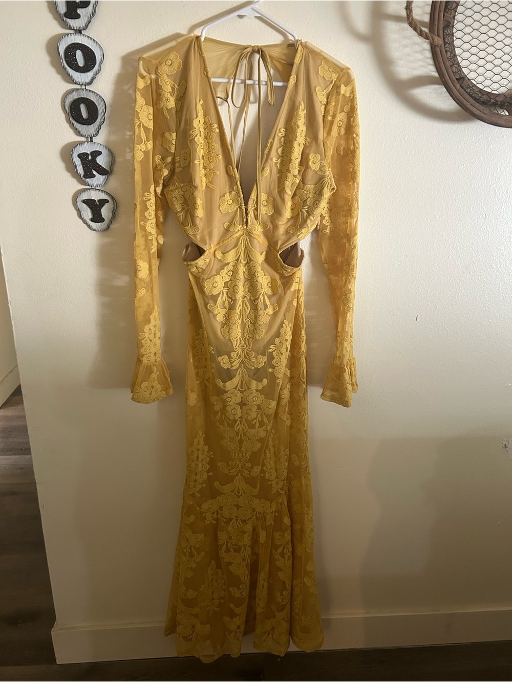 Mustard Lace Long Sleeve Cutout Maxi Dress